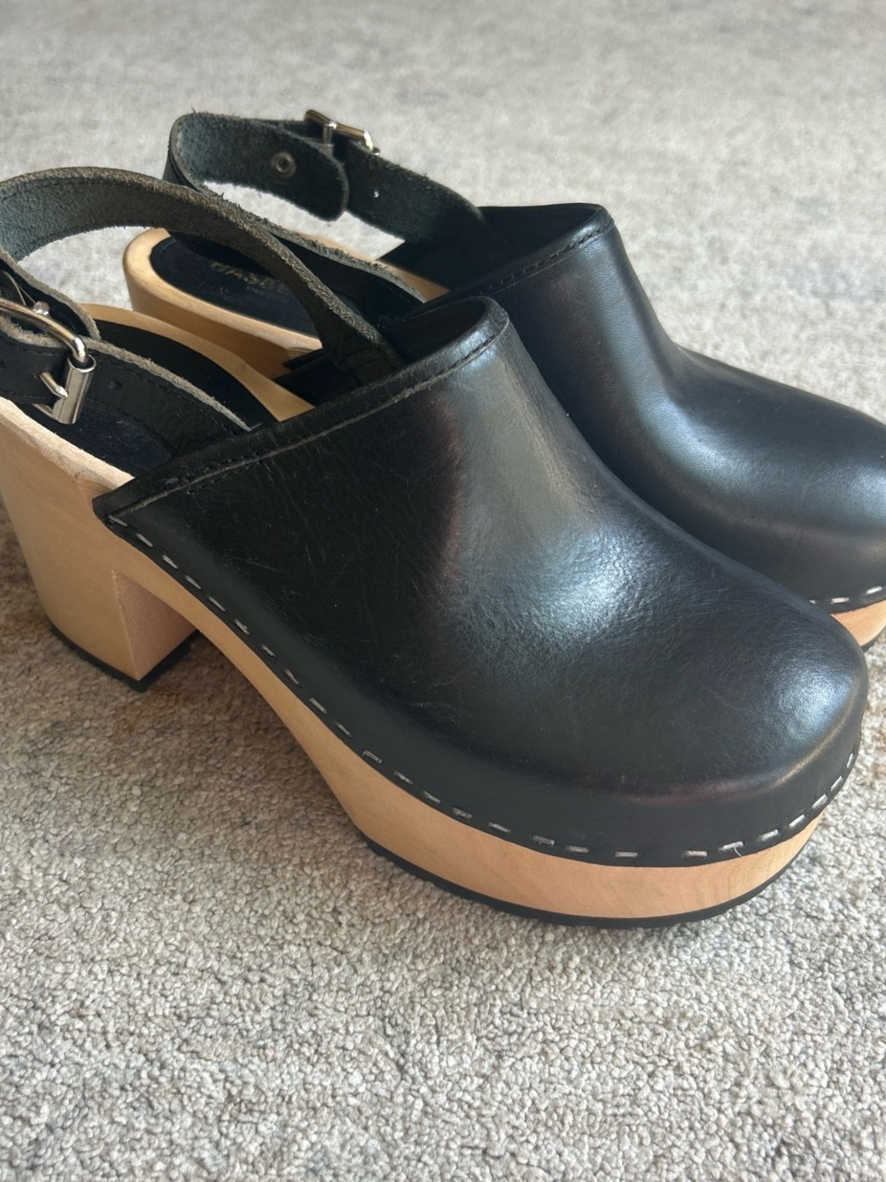 Swedish Hasbeens Black Leather Platform Clog with Slingback Strap